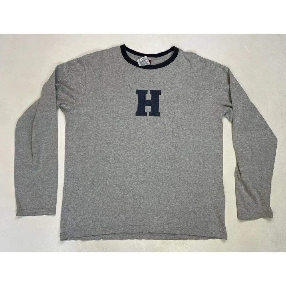 VINTAGE Tommy Hilfiger H Logo Graphic T-shirt Men Large Gray Long Sleeve USA 90s